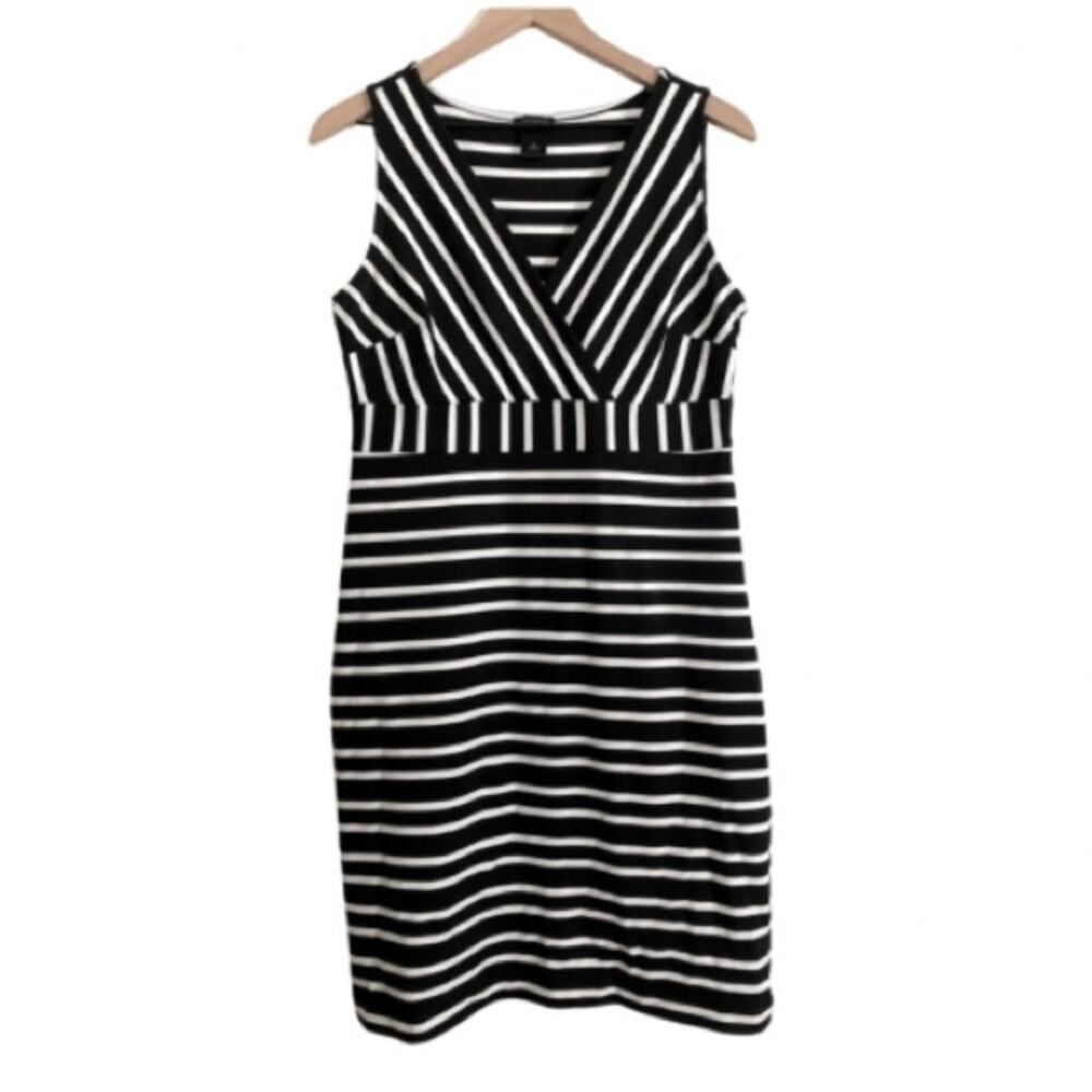 Ann Taylor Black and White Striped Sleeveless Fitted V-Neck Knee Length Dress